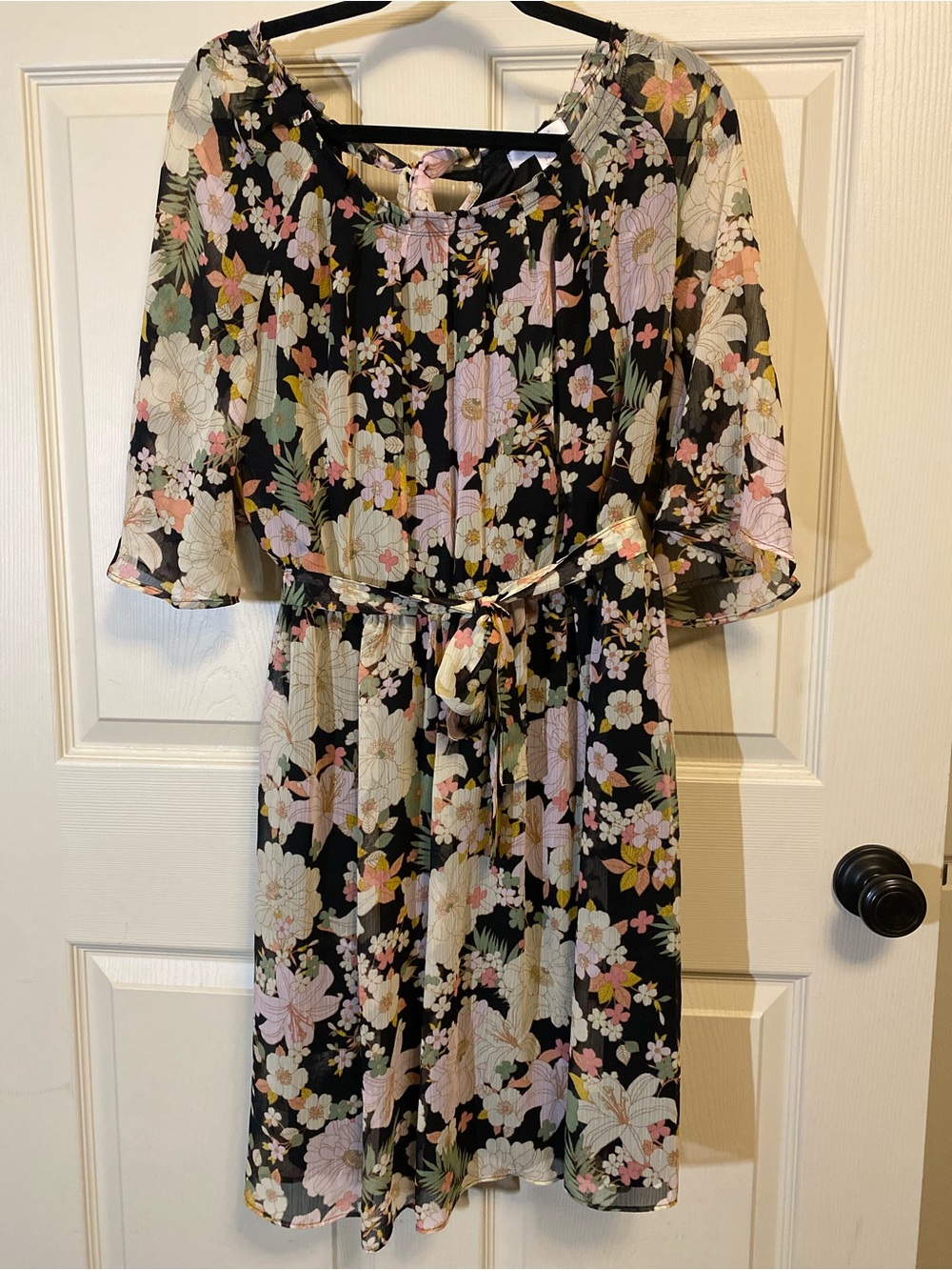 LC Lauren Conrad Black Floral Midi Dress with Tie Waist